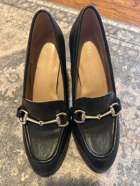 BCBGeneration Black Leather Loafers with Gold Horsebit Hardware